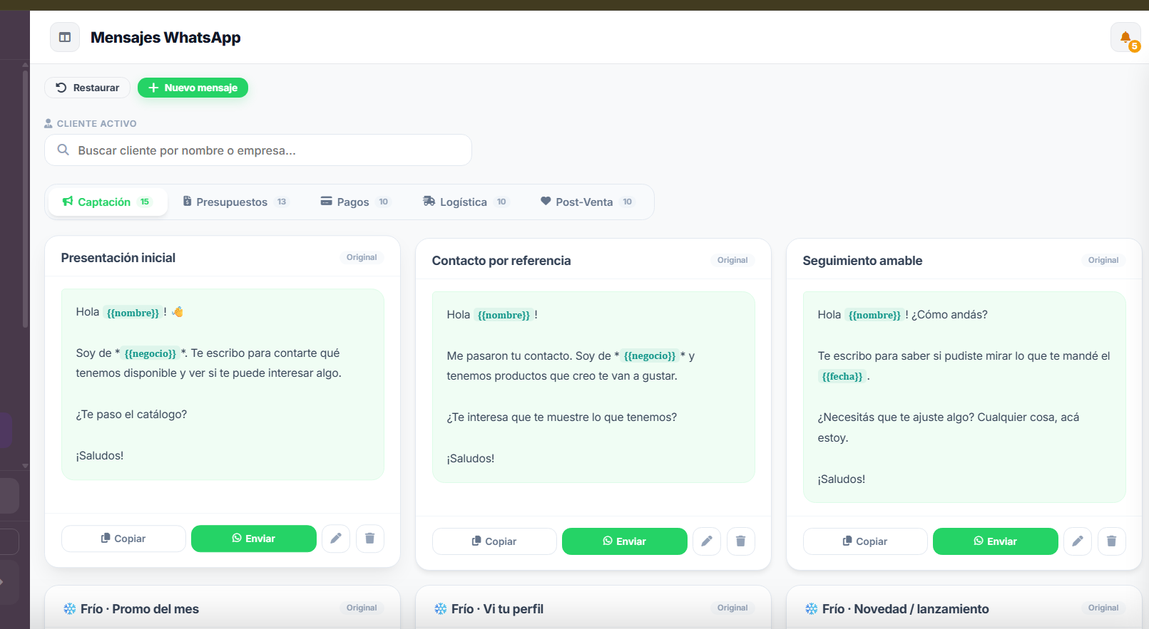 Mensajes de WhatsApp organizados por embudo de ventas