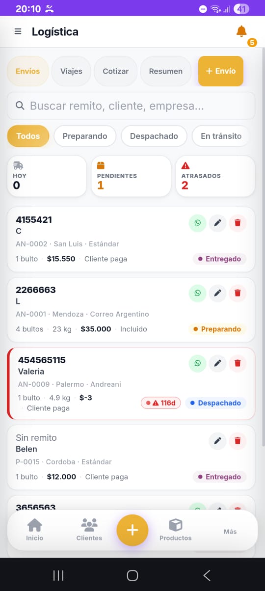 Paradas de logística y entregas del día en versión mobile