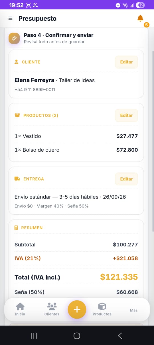 Wizard de nuevo pedido en versión mobile
