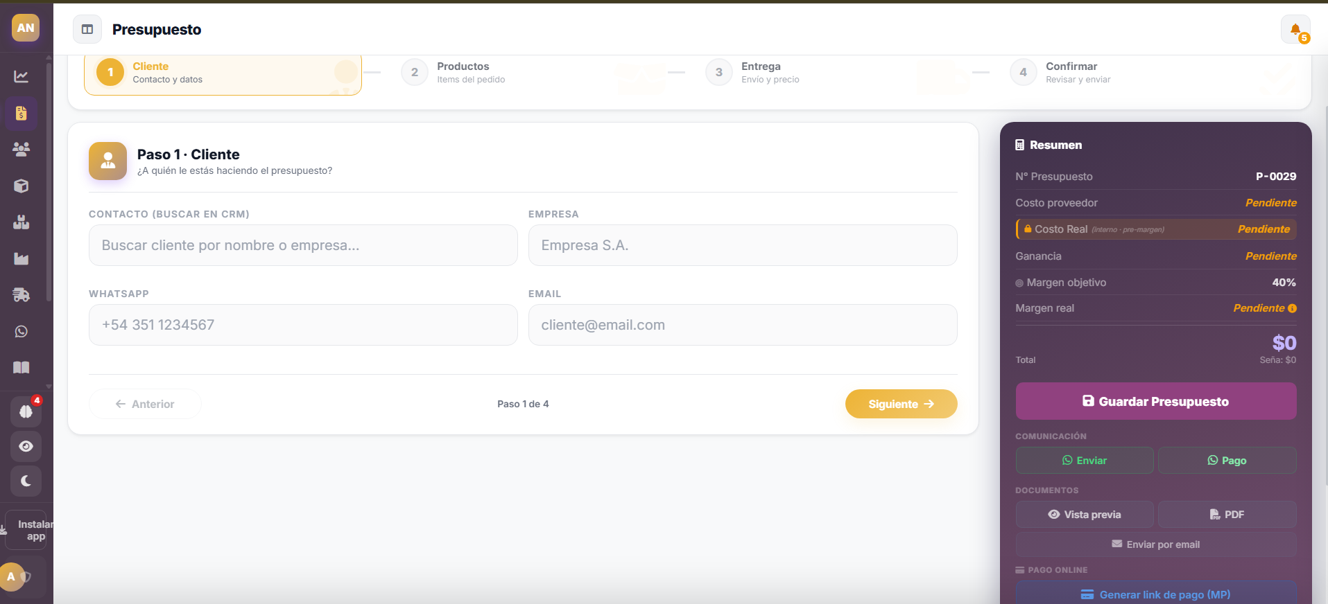 Wizard de nuevo pedido en 4 pasos con panel de resumen en vivo